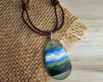 Hand Painted Pendant Necklace | Country Farm Field | Grass Pasture | Leather Necklace | Gift for Nature Lover | Heart in Hand Designs