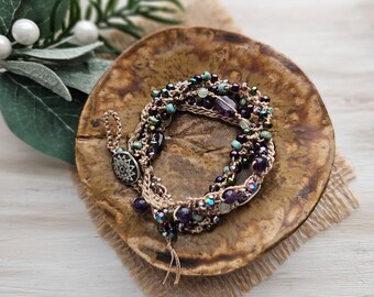 Amethyst Beaded Bracelet | Wrap Bracelet | Crochet Macrame Woven | Seed Beads | Boho Beach Jewelry ISLA HeartinHand