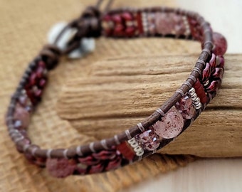 Beaded Gray Leather Bracelet | Burgundy Red Seed Beads | Strawberry Quartz Beads | Rustic Beaded Bracelet | Gift for Her TIA HeartinHand