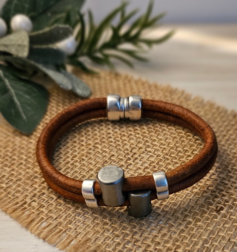 Men's Leather Bracelet Brown Leather Biker Bracelet Gift for Him Rugged Leather Bracelet Masculine Modern Unisex Style image 1