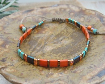 Tila Bead Bracelet | Miyuki Glass Tile Beads | Orange Turquoise Brown | Earthy Rustic Colors | Friendship Gift | String Bracelet CHAYA