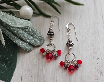 Red Crystal and Sterling Silver Earrings | Dainty Dangle Earrings | Bali Silver | Holiday Earrings SHANI HeartinHand