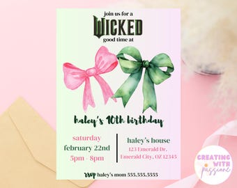 Wicked Birthday Invitation/Editable Template/Girl Birthday Invitation/Bow Birthday Invitation/Movie Theme Inivtation/Pink & Green Invitation