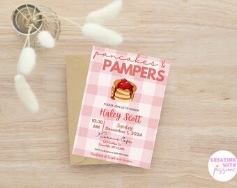 Pancakes & Pampers Strawberry Invitation/ Editable Template/Gingham Invitation/Baby Shower/Baby Sprinkle Invitation/Baby Brunch