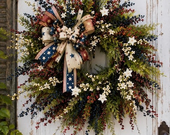 Patriotic Grapevine Wreath for Front Door | Red White Blue Farmhouse Wreath | Americana Summer Door Hanger |  4th of July Deco