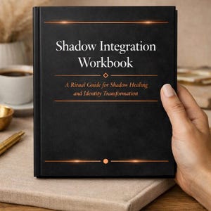 May include: A black hardcover book titled Shadow Integration Workbook with white serif text and thin horizontal copper-colored lines. The subtitle reads A Ritual Guide for Shadow Healing and Identity Transformation, featuring a small diamond and circle icon.