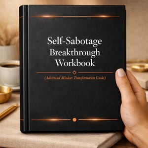 May include: A black hardcover workbook with the white text Self-Sabotage Breakthrough Workbook and the subtitle Advanced Mindset Transformation Guide in orange. The cover features thin horizontal orange lines, a small diamond, and a circle icon.