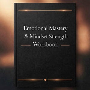 May include: A black workbook titled "Emotional Mastery & Mindset Strength Workbook" with gold accents. The cover has a textured appearance and a minimalist design, suitable for self-help or personal development.