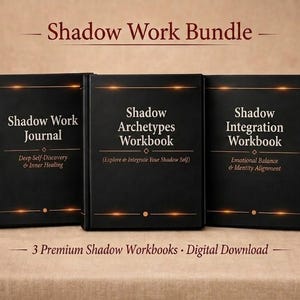 May include: A set of three black books titled Shadow Work Bundle, including Shadow Work Journal, Shadow Archetypes Workbook, and Shadow Integration Workbook. Each book features gold text and horizontal lines on a matte black cover design.