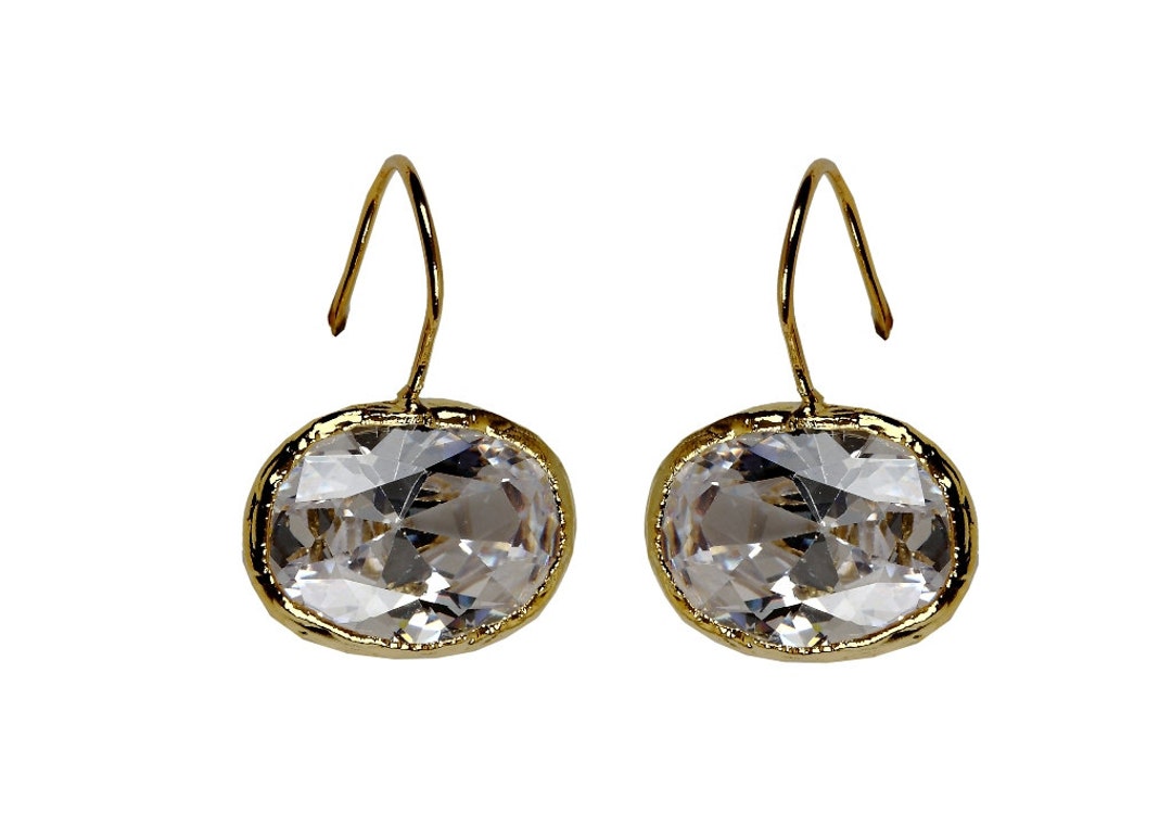 Crystal Clear Earrings Crystal Quartz Oval Shape Gold Plated Etsy