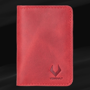 Porte-cartes en cuir véritable pleine fleur, Portefeuille rouge fin à deux volets avec 4 emplacements pour cartes de crédit et 2 emplacements pour billets, (4,3 x 3,1 x 0,25 po.), Minimalisme