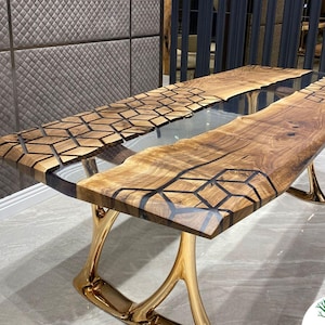 Custom Hexagon Walnut Epoxy River Table: Modern Wood Accent