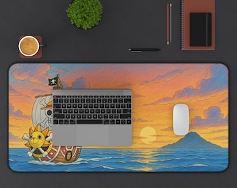 Desk Mat, One Piece Anime/Manga Style, Thousand Sunny Sailing Across Sunset Ocean, Distant Island, Alternative: Mouse Pad, Work Mat, Gaming