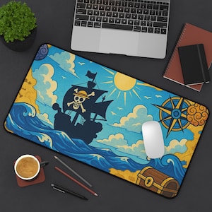Alfombrilla de escritorio de One Piece con diseño de barco pirata, alfombrilla de ratón de anime con diseño de mapa del tesoro náutico, alfombrilla de escritorio XL para juegos y alfombrilla de ratón para oficina