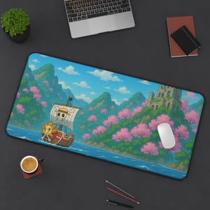 May include: A colorful cartoon illustration of a ship sailing through a blue ocean with green islands and pink trees in the background. The ship has a skull and crossbones flag and a yellow lion head figurehead.