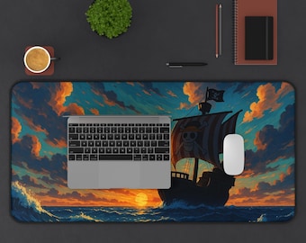 Desk Mat, Anime Sunset Seascape, Pirate Ship Silhouette, Nautical Decor, One Piece-Inspired, Ocean Waves, High DPI Digital Art, Adventure