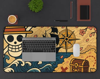 One Piece Pirate Treasure Map Desk Mat, Gaming Mouse Pad, Jolly Roger XXL Desk Pad, Ocean Waves Cherry Blossoms
