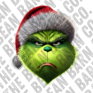 May include: A digital illustration of the Grinch's face, featuring green skin, a red Santa hat with white fur trim, and a grumpy expression. The Grinch's eyes are green, and his mouth is turned down in a frown.