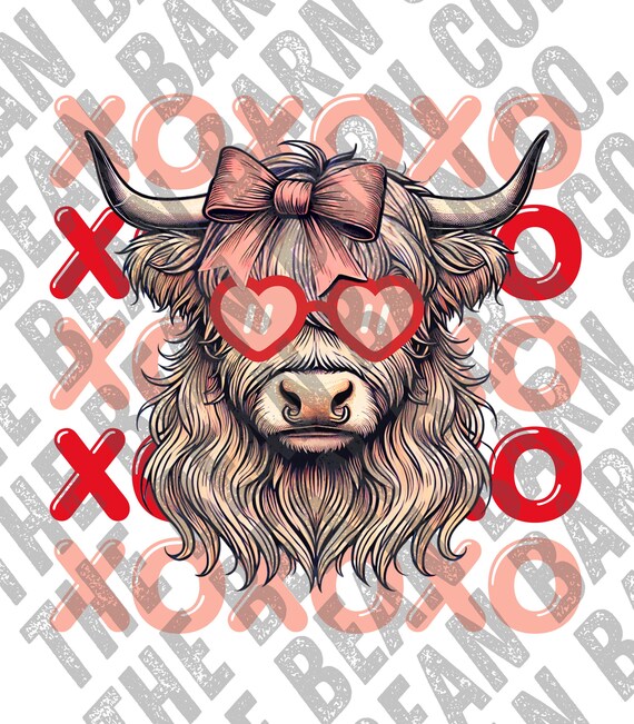Valentine’s Day Highland Cow PNG | Hearts & Pink Bow | Valentine Digital Art | Valentine Hoodie and T-Shirt Design PNG