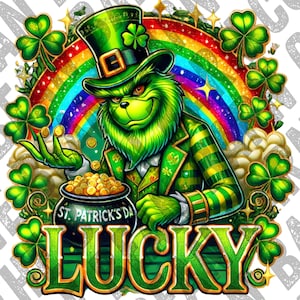 May include: A green leprechaun with a mischievous grin holds a pot of gold coins. He wears a green hat with a shamrock and a green and gold striped jacket. The pot says "St. Patrick's Day" and the word "LUCKY" is written in large green letters below the pot. A rainbow with sparkling stars is behind the leprechaun.