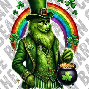 May include: A green character in a green suit and top hat, holding a pot of gold coins. A rainbow arches behind the character, with shamrocks scattered around. The character has a mischievous grin and a long beard.