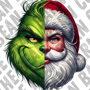 May include: A digital illustration featuring a split face: one side is the Grinch, the other is Santa Claus. The Grinch is green with yellow eyes and a mischievous grin. Santa has a red hat, white beard, and a stern expression.