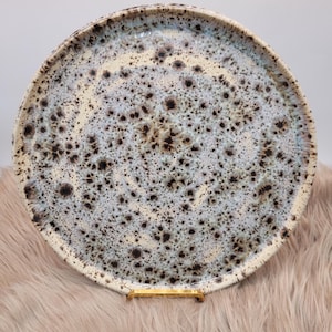 Può includere: Un grande piatto rotondo in ceramica con un design maculato. Il piatto presenta una base color crema con macchie blu e marroni. Il bordo è di un colore crema più chiaro. Il piatto è esposto su un supporto dorato.