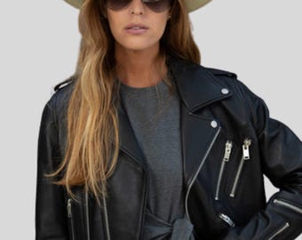 Handmade Black Leather Biker Jacket Women's Moto Outerwear