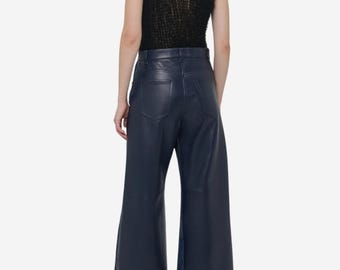 Barrel-leg Jean in Indigo Blue Recycled Cotton Linen Denim & Textured Leather