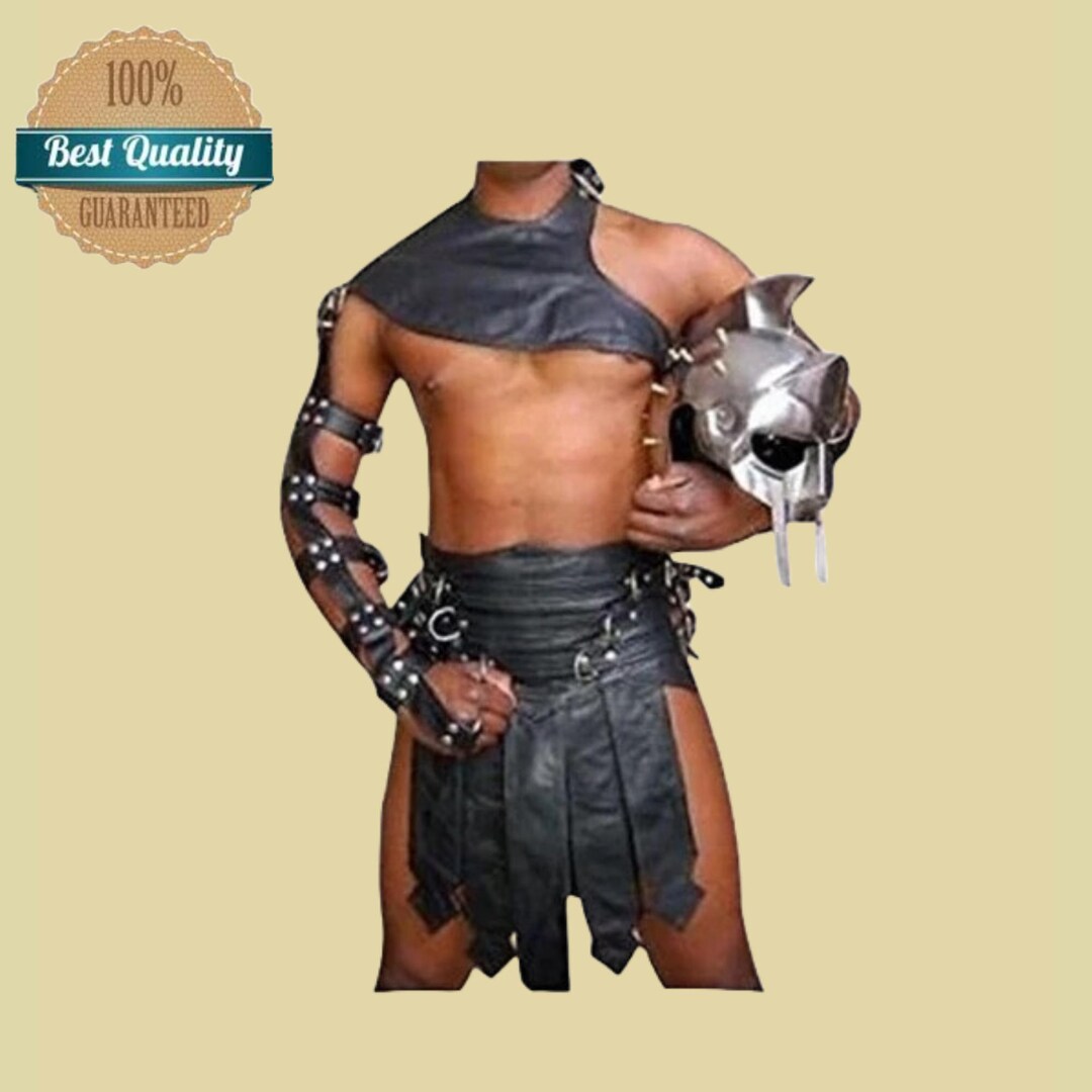 Real Leather Mens Roman Gladiator Kilt Set Heavy Duty LARP Club Wear ...