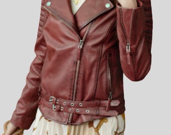 Burgunder Leder Bikerjacke - Damen Moto Jacke