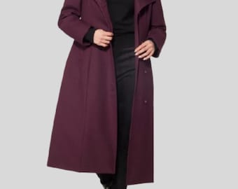 Long Virgin Wool City Coat – Burgundy Down-Lined