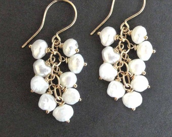 White Cultured Pearl Cluster Cascade Drop Earrings in 14k Gold Filled or Sterling Silver, Bridal Earrings Mother of the Bride Jewelry