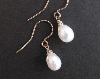 White Cultured Pearl Faceted Dangle Drop Earrings in Gold, Rose Gold, or Sterling Silver