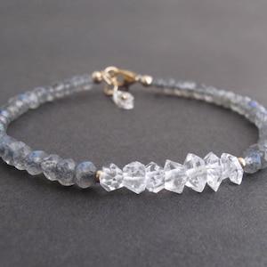 Dainty Labradorite + Herkimer Diamond Gemstone Bracelet, Delicate Boho Beaded Stacking Bracelet in 14k gold filled or sterling silver