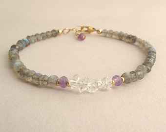 Dainty Labradorite and Herkimer Diamond Gemstone Bracelet with Amethyst, Boho Beaded Stacking Bracelet 14k gold filled or sterling silver