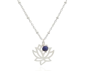 Silver Lotus Flower Necklace, Genuine Blue Sapphire Accent , September Birthstone Gemstone Necklace, Dainty Layering Pendant Necklace