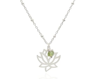 Lotus Flower Necklace with Genuine Peridot, August Birthstone Gemstone Necklace, Bright Green Dainty Necklace Sterling Silver