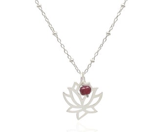 Genuine Ruby Accent Silver Lotus Flower Necklace, July Birthstone Gemstone Necklace, Dainty Layering Pendant Necklace