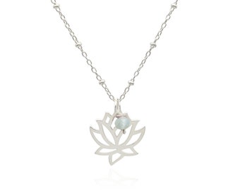 Lotus Flower Pendant Necklace with Genuine Aquamarine, March Birthstone Gemstone Necklace, Aqua Blue Dainty Necklace Sterling Silver