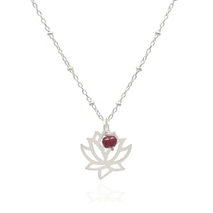 Genuine Ruby Accent Silver Lotus Flower Necklace, July Birthstone Gemstone Necklace, Dainty Layering Pendant Necklace