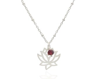 Lotus Flower Pendant Necklace with Genuine Garnet Accent, January Birthstone Gemstone Necklace, Dainty Layering Necklace Sterling Silver