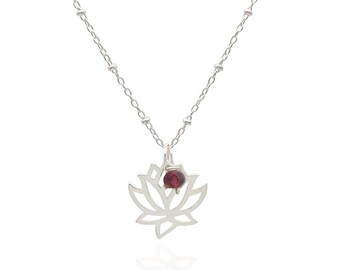 Lotus Flower Pendant Necklace with Genuine Garnet Accent, January Birthstone Gemstone Necklace, Dainty Layering Necklace Sterling Silver