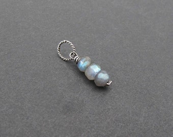 Genuine Labradorite Charm with Box, Dainty Stacked Stone Pendant, Grey Gemstone Charm Gift (14k gold filled or sterling silver)