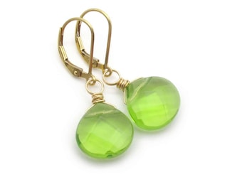 Simulated Peridot Earrings, Bright Green Glass Drop Crystal Dangle Earrings, August Birthday Gift, 14k Gold Filled Leverback