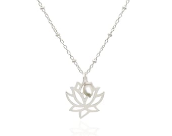 Lotus Flower Pendant Necklace with White Freshwater Pearl, June Birthstone Gemstone Necklace, Dainty Necklace Sterling Silver