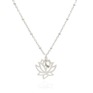 Lotus Flower Pendant Necklace with White Freshwater Pearl, June Birthstone Gemstone Necklace, Dainty Necklace Sterling Silver