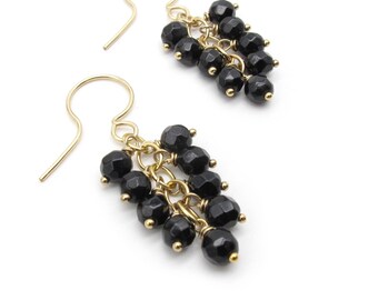 Dainty Black Tourmaline Genuine Gemstone Cluster Dangle Drop Earrings, October Birthstone Gift (14k Gold Filled or Sterling Silver)