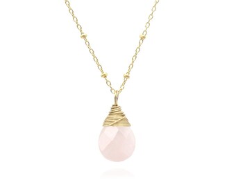 Natural Rose Quartz Pendant Necklace, Light Pink Gemstone Necklace, Blush Spring Pastel (gold or sterling silver)