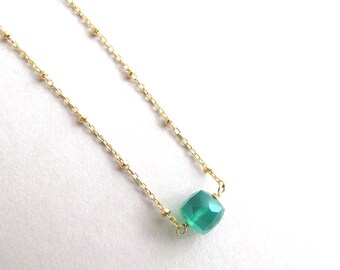 Green Onyx Necklace, Dainty Gemstone Necklace, Layering Necklace, May Birthstone Gift, Simple Necklace, Emerald Green (gold or silver)